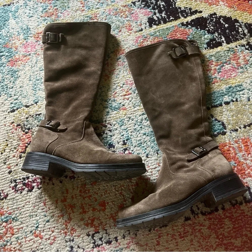 $600 LA CANDIENNE GOLDEY SUEDE BOOT STONE BROWN BUCKLES KNEE high size 8